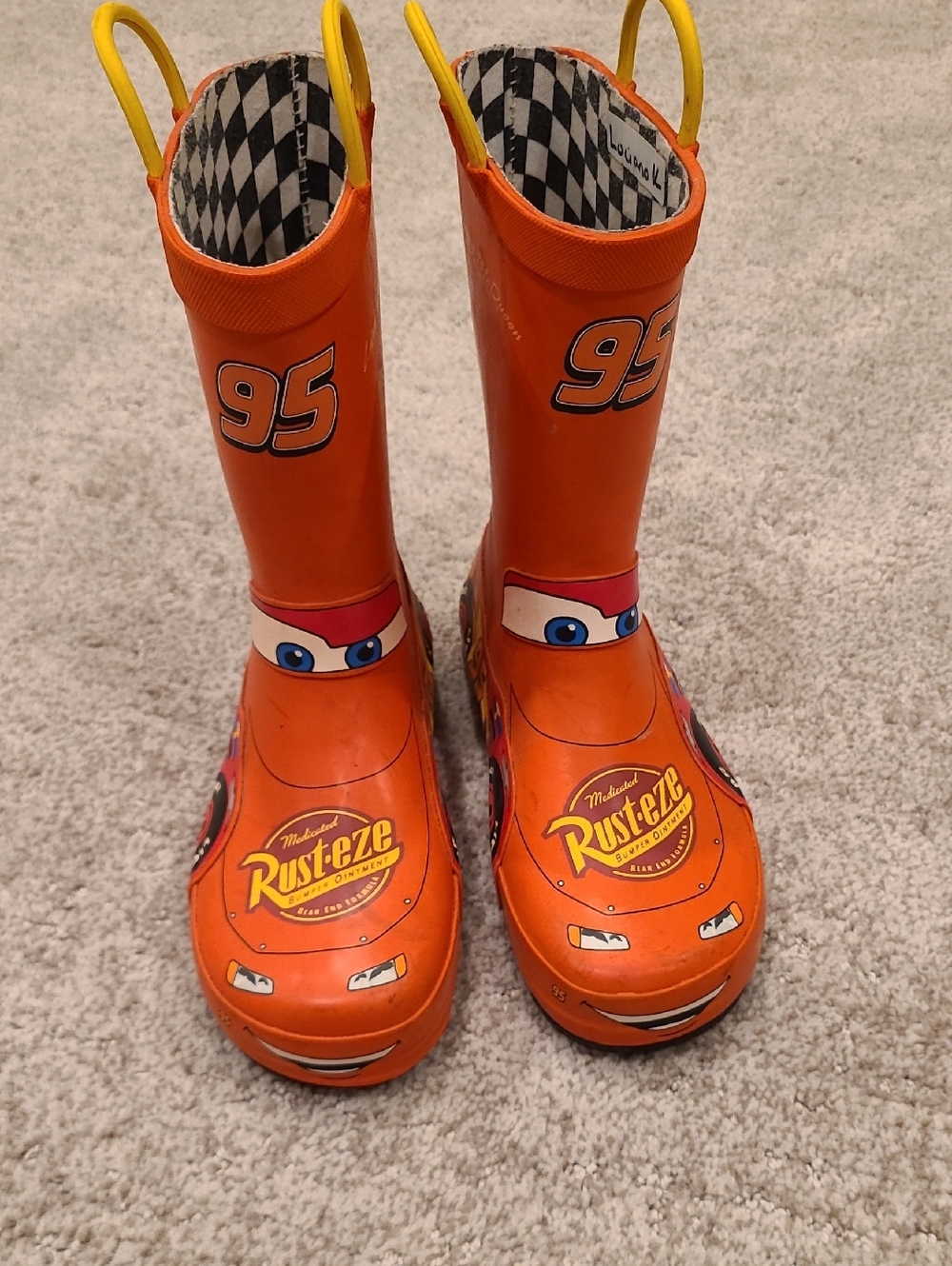 Western Chief Orange Lightning McQueen Kids Rain Boots with Yellow Pull Handles